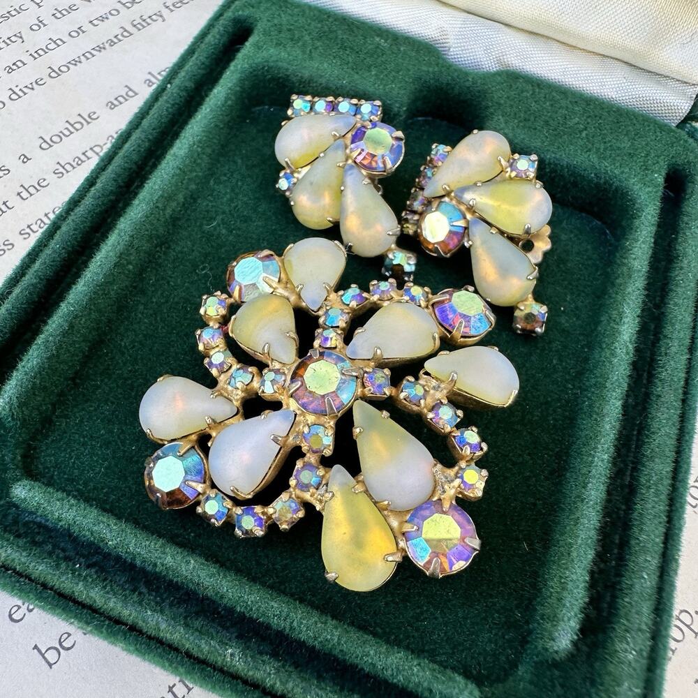 Vintage Opaline Brooch Earrings Set Juliana Kramer Style AB Rhinestone Glass